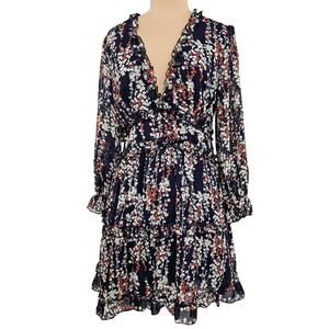 Navy Blue Floral Ruffle Mini‎ Dress Open Back V-Neck Long Sleeve XL